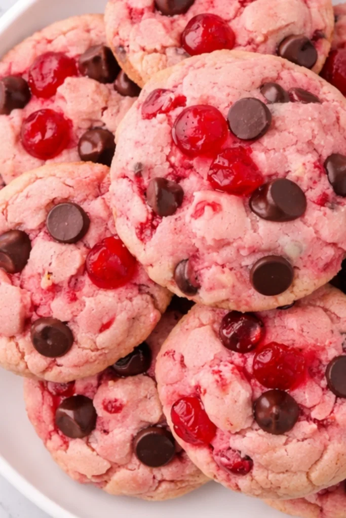 Maraschino Cherry Chocolate Chip Cookies with vibrant pink cherries and chocolate chips