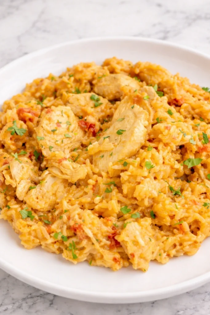One Pot Queso Chicken and Rice with Tender Chicken and Cheesy Rice