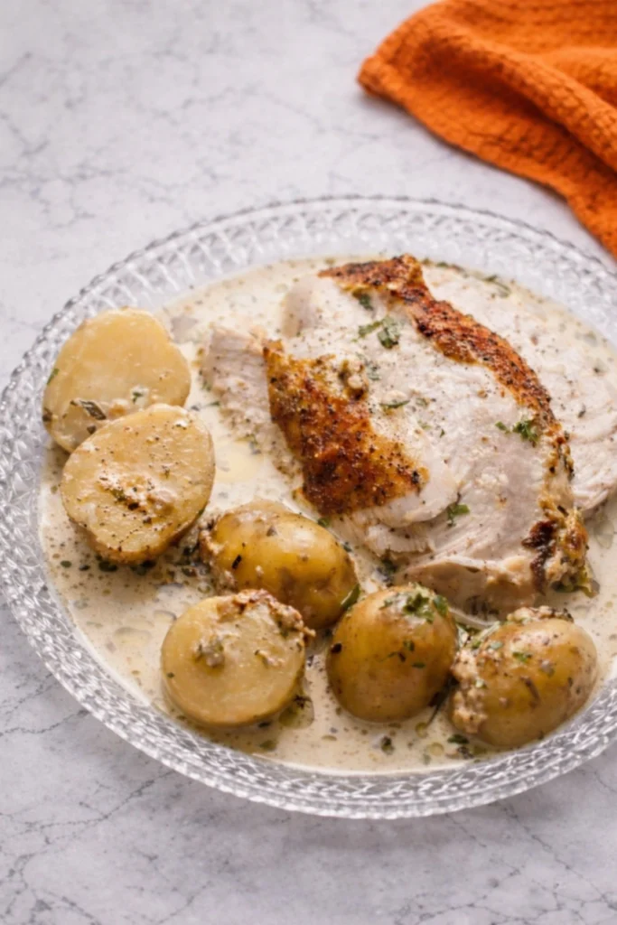 Plated creamy lemon and herb pot roasted chicken with baby potatoes in rich garlic cream sauce