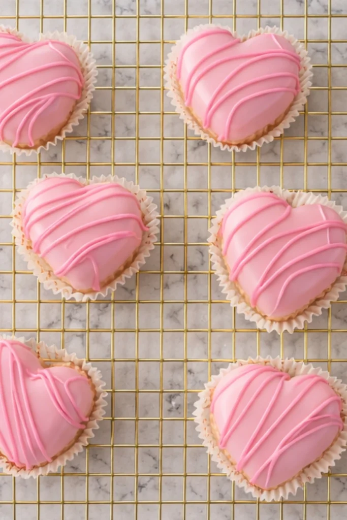 Valentine's Heart Petit Fours on Cooling Rack with Pink Drizzle
