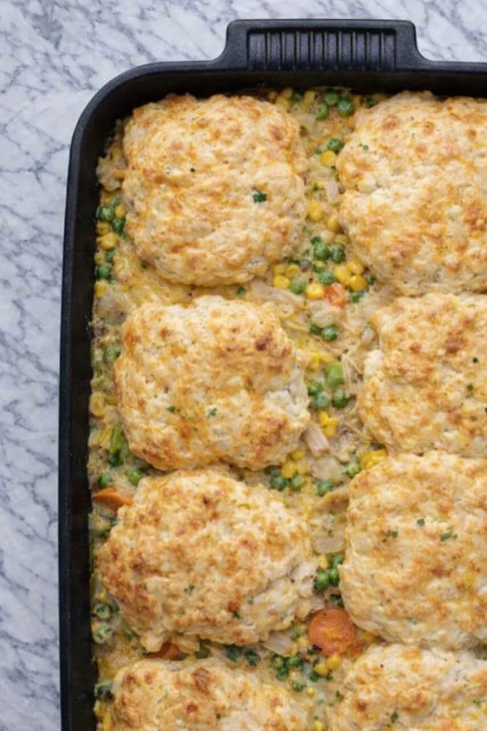 Overhead view of baked chicken pot pie casserole with cheesy biscuit topping in a black baking dish