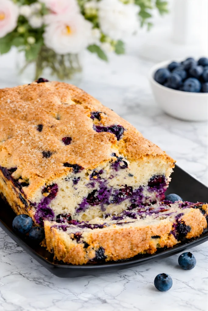 Golden blueberry loaf with sugar crust and vibrant berries on a marble surface