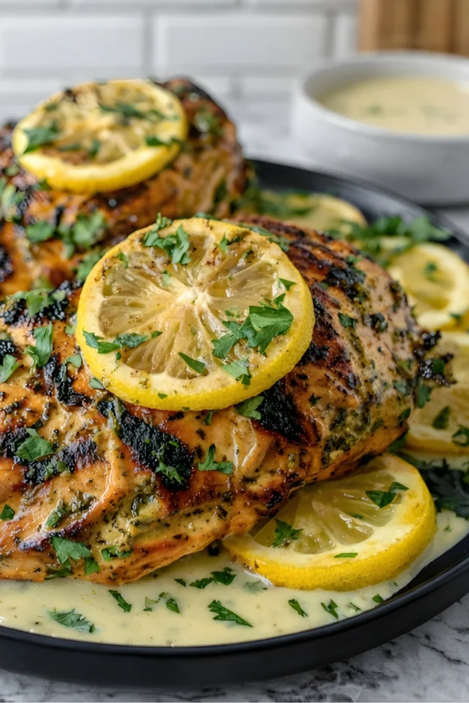 Zesty grilled lemon chicken breast with charred edges topped with fresh lemon slices and parsley served in a creamy lemon sauce