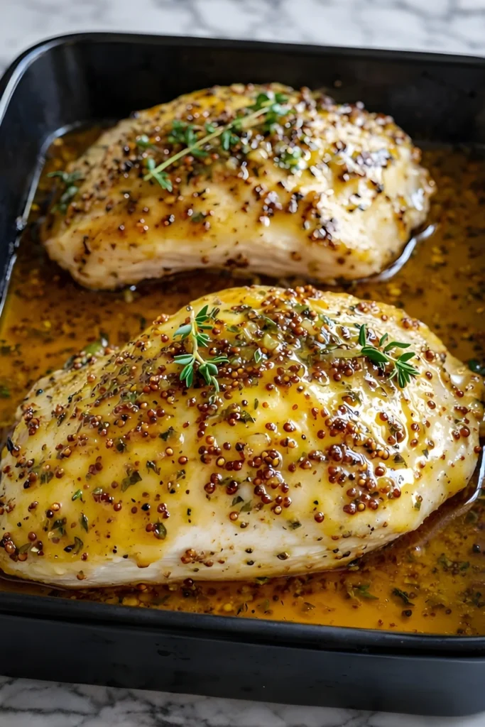 Close-up of baked honey mustard chicken breasts in a black pan, glazed with golden whole grain mustard sauce and garnished with fresh thyme