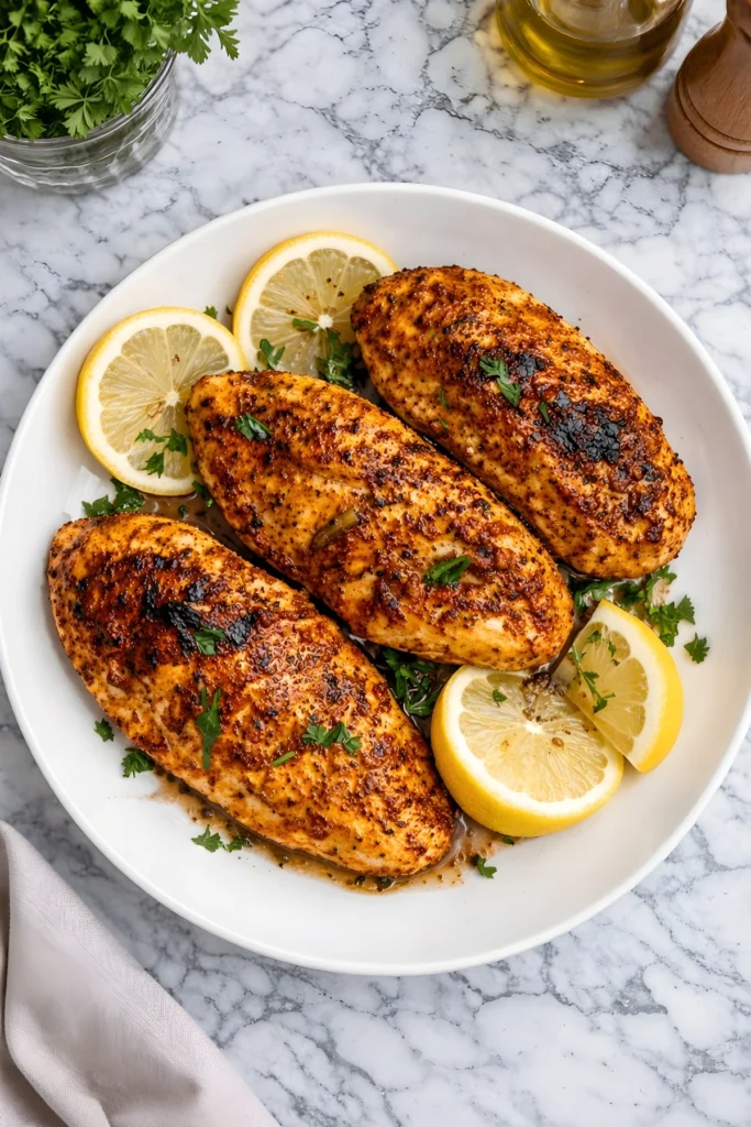 Spicy Cajun chicken breasts served with fresh parsley and lemon slices in a white dish on a marble surface