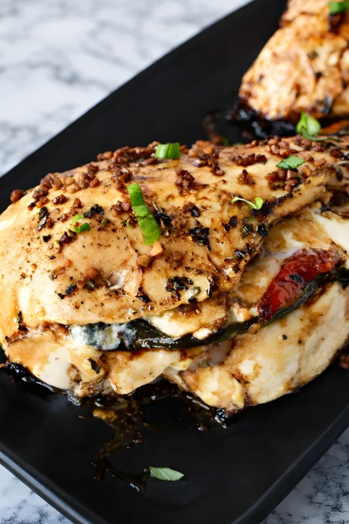 Caprese stuffed chicken breast filled with melted mozzarella, basil, and sun dried tomatoes, finished with garlic balsamic glaze on a black plate