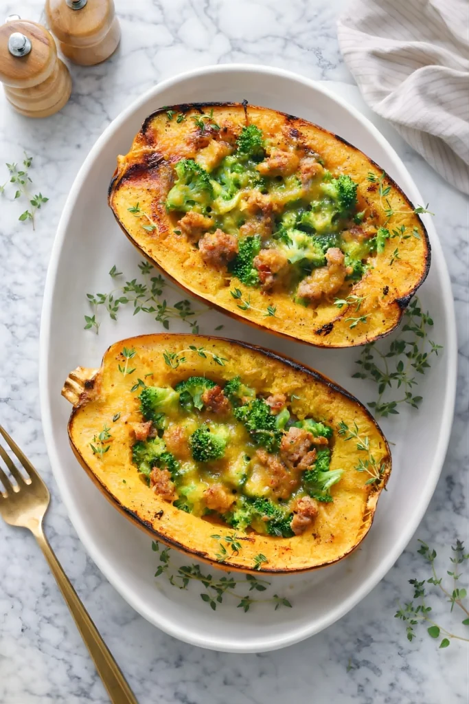 Stuffed Spaghetti Squash with Sausage, Broccoli, and Melty Cheese