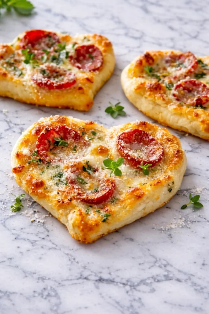 These Mini Heart Shaped Pizzas are loaded with pepperoni, melted mozzarella, and a sprinkle of Parmesan cheese, making them the perfect dish for any romantic occasion. Featuring a golden, crispy crust and fresh herbs, these heart-shaped pizzas offer a fun twist on classic pizza recipes. Ideal for Valentine's Day, family nights, or casual gatherings—customize with your favorite toppings!