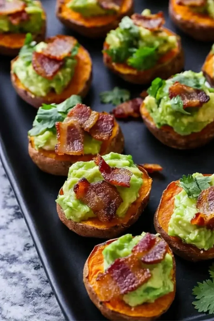 Sweet Potato Bites with Avocado and Crispy Bacon Topping