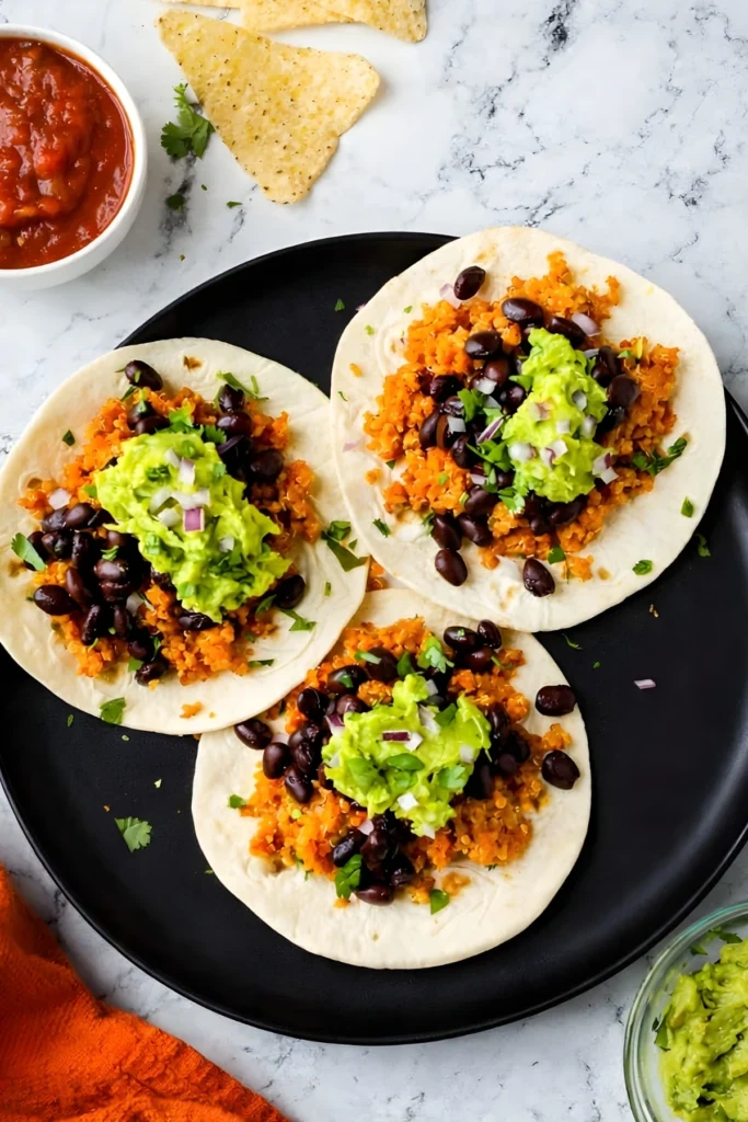 Overhead view of quinoa and black bean tacos with guacamole on flour tortillas, served with salsa, tortilla chips, and fresh herbs