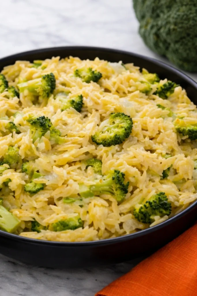 Close-up of broccoli and orzo skillet with creamy cheddar sauce in a black bowl