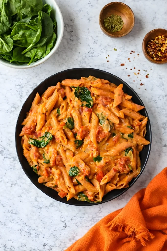 One pot red lentil pasta with creamy tomato sauce and spinach in a black bowl on marble