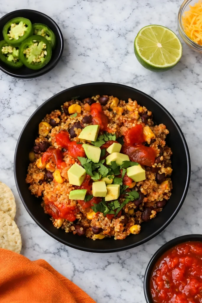 Instant Pot Mexican Quinoa in a black bowl topped with avocado, black beans, corn, salsa, and cilantro on a marble countertop
