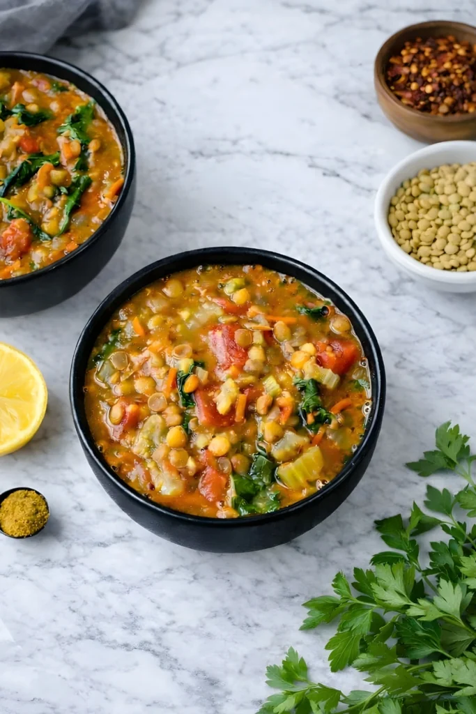 Instant Pot lentil soup with vegetables and kale in black bowls