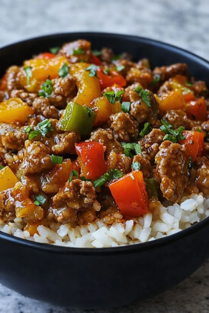 Beef and pepper rice bowl with saucy ground beef and colorful bell peppers over white rice