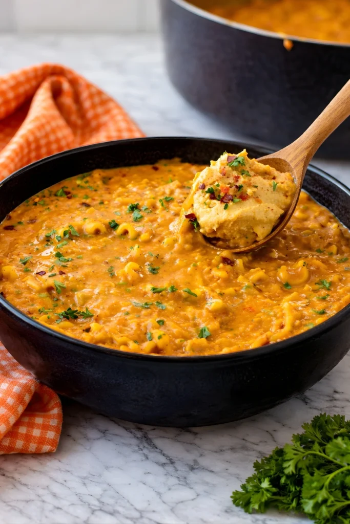 Bowl of creamy vegan lasagna soup with wooden spoon and cashew topping
