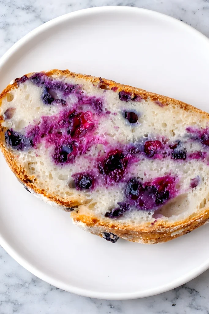 Overhead slice of lemon blueberry sourdough bread on a white plate