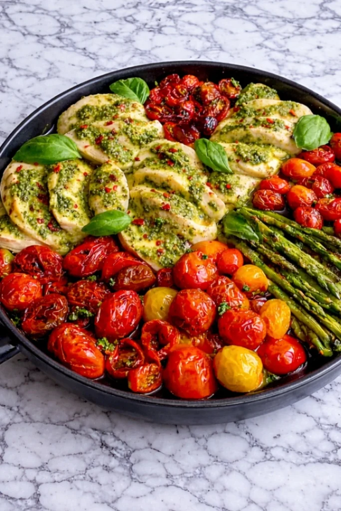 One pan pesto chicken in skillet with roasted cherry tomatoes, yellow tomatoes, and asparagus on marble surface