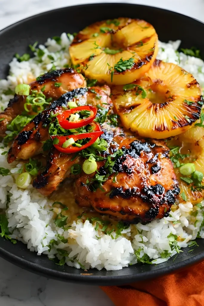 Hawaiian chicken thighs glazed in pineapple sauce, served over coconut rice with grilled pineapple and sliced red chili peppers