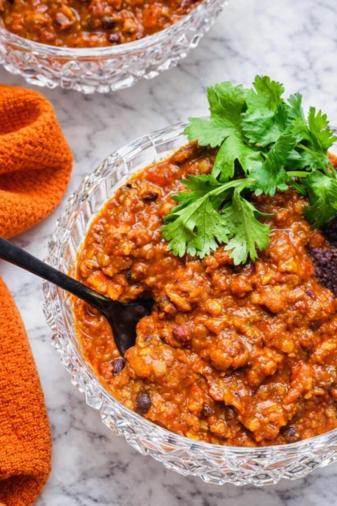 Crockpot Vegetarian Chili Served with Fresh Cilantro