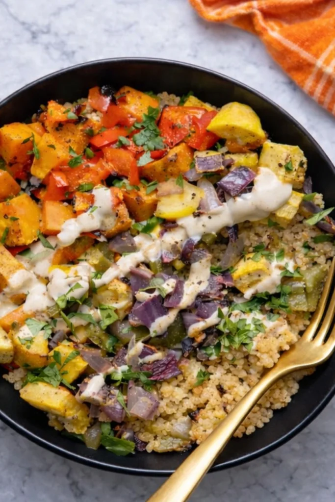 Roasted vegetable quinoa bowl with sweet potatoes, squash, red peppers, and tahini dressing in a black bowl with a gold fork
