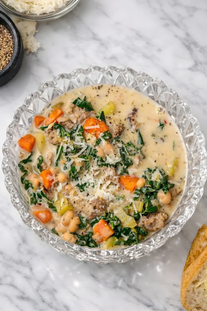Italian sausage and white bean soup with kale carrots and parmesan in a glass bowl on marble with fresh bread