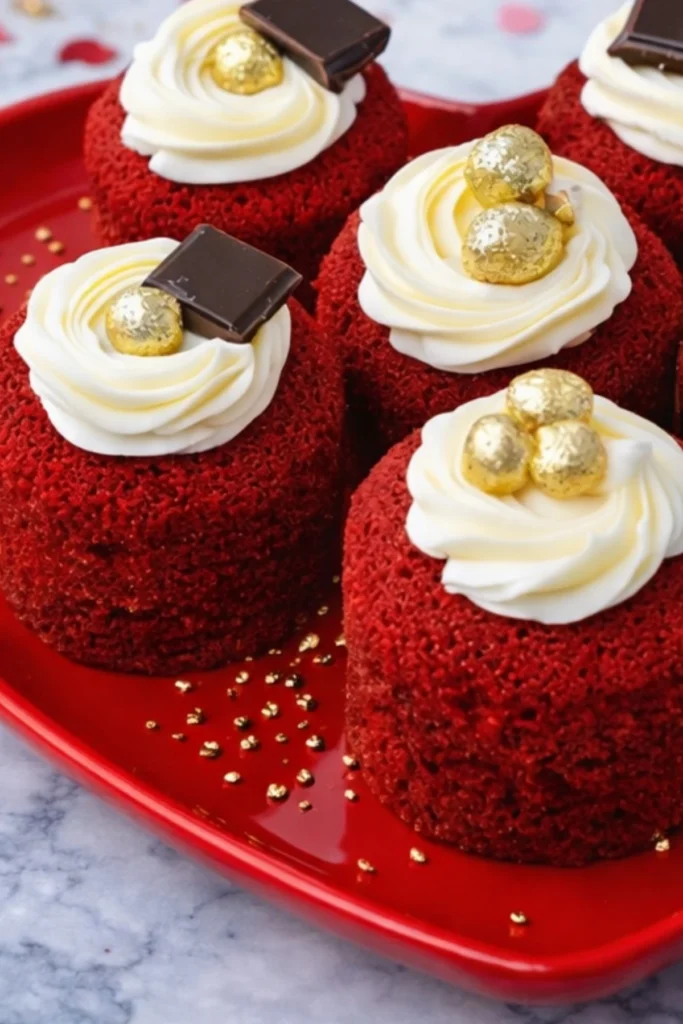 Red velvet cake minis topped with cream cheese frosting and chocolate