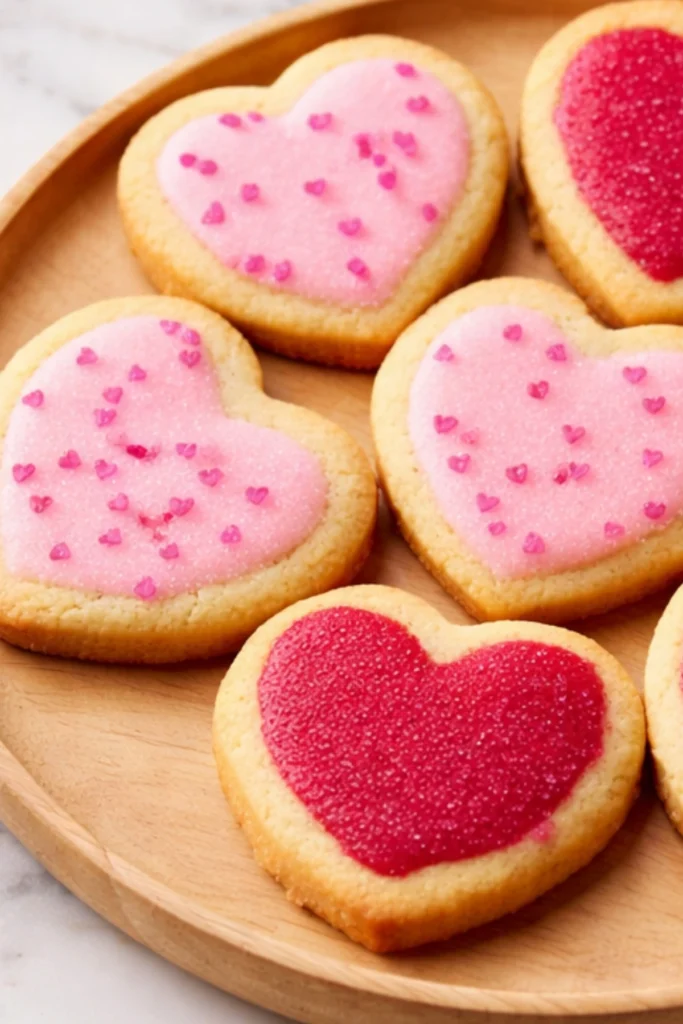 Close-up of slice and bake Valentine’s Day cookies with pink and red heart frosting on a wooden serving plate