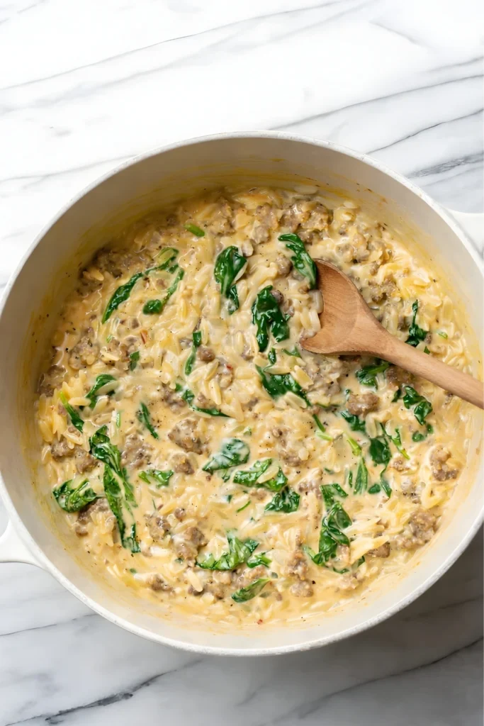 Italian Sausage Orzo with Spinach Cooking in a White Pot