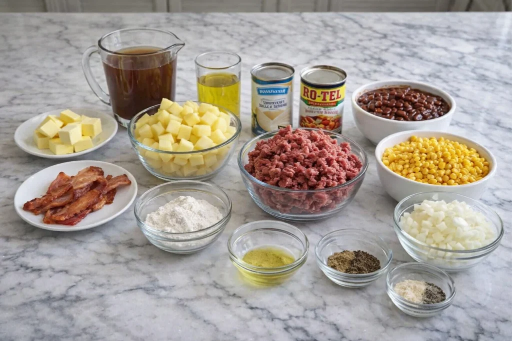 Creamy cowboy soup ingredients including ground beef potatoes beans corn bacon broth and spices arranged on a marble counter