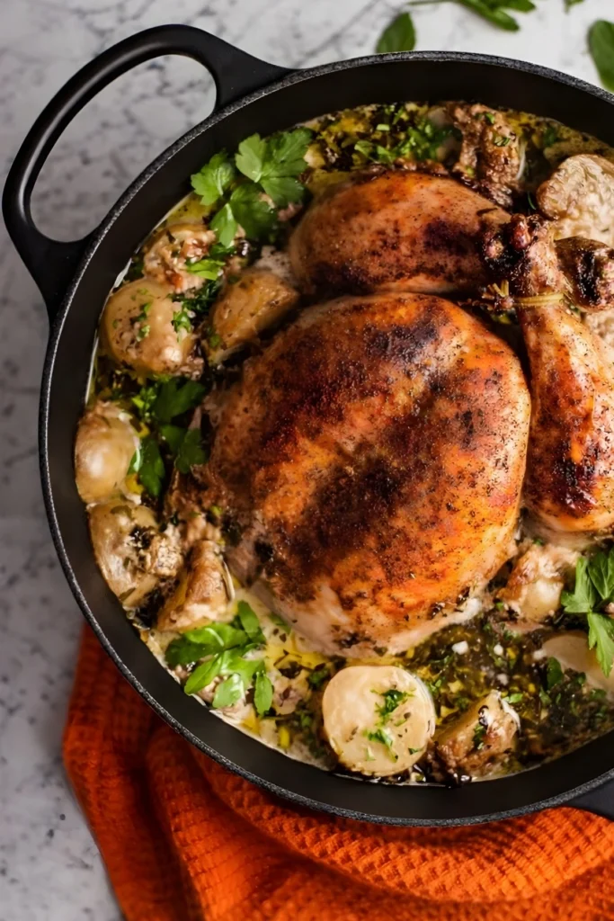 Whole creamy lemon and herb pot roasted chicken in Dutch oven with baby potatoes and herbs
