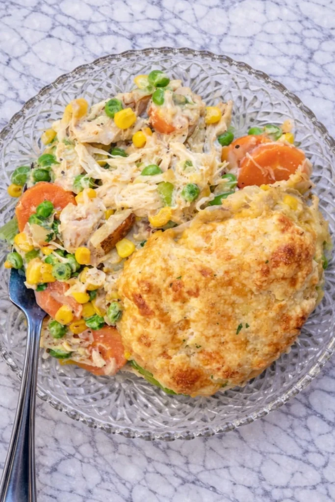 Serving of chicken pot pie casserole with cheesy biscuit and creamy vegetables on a glass plate