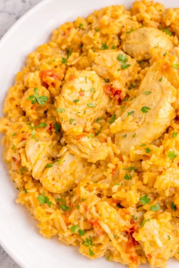 One Pot Queso Chicken and Rice with Tender Chicken and Cheesy Rice