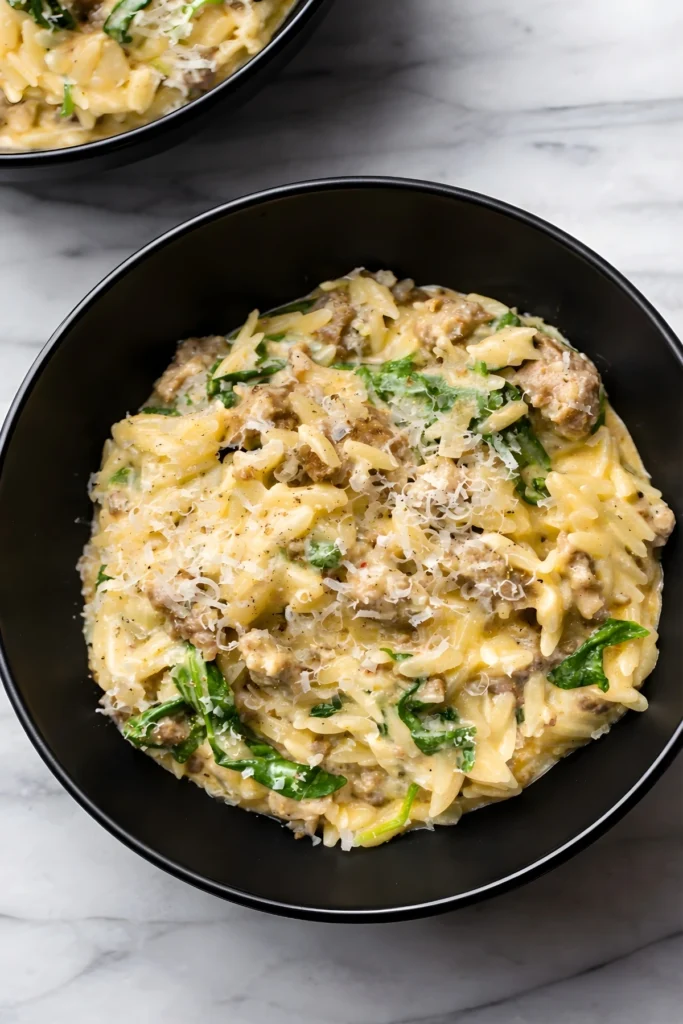 Italian Sausage Orzo with Spinach and Parmesan in a Black Bowl