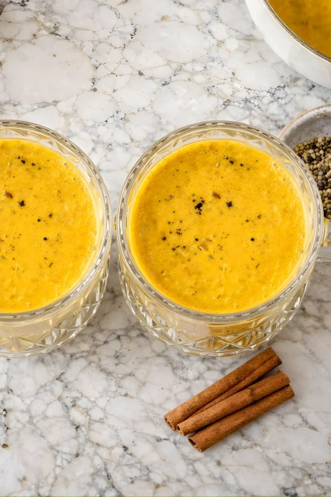 Top view of two cups of Golden Milk Haldi Doodh with black pepper on a marble counter, cinnamon sticks beside the mugs