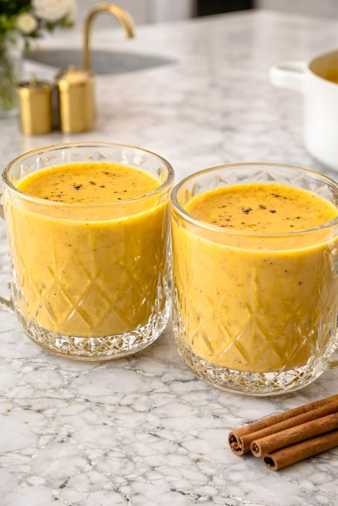 Two glass mugs of Golden Milk Haldi Doodh on a marble counter, topped with black pepper, with cinnamon sticks nearby