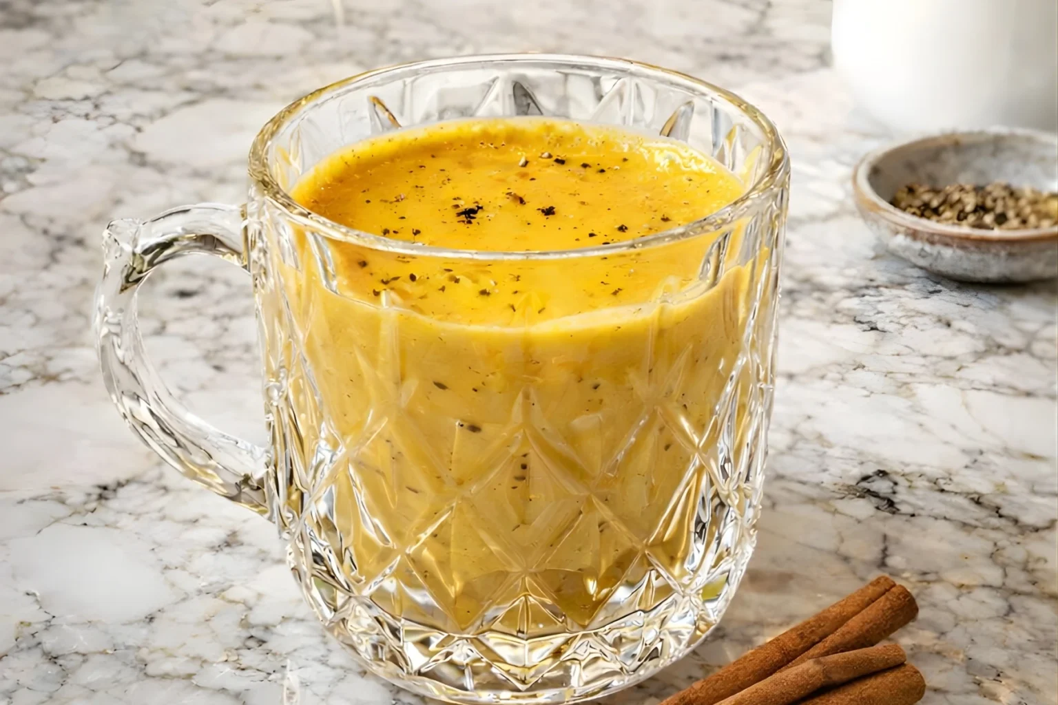 Golden Milk in a clear glass mug topped with black pepper, with cinnamon sticks on a marble counter