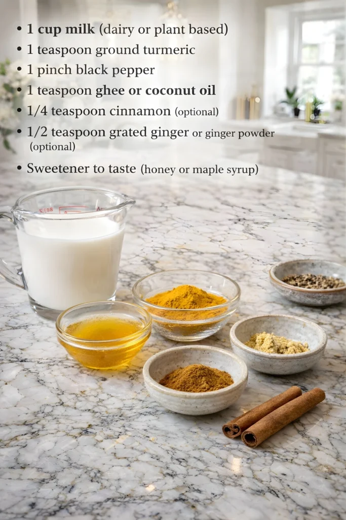 Golden Milk ingredients on a marble counter with milk, turmeric, black pepper, ghee or coconut oil, cinnamon, ginger, and sweetener, plus recipe text overlay