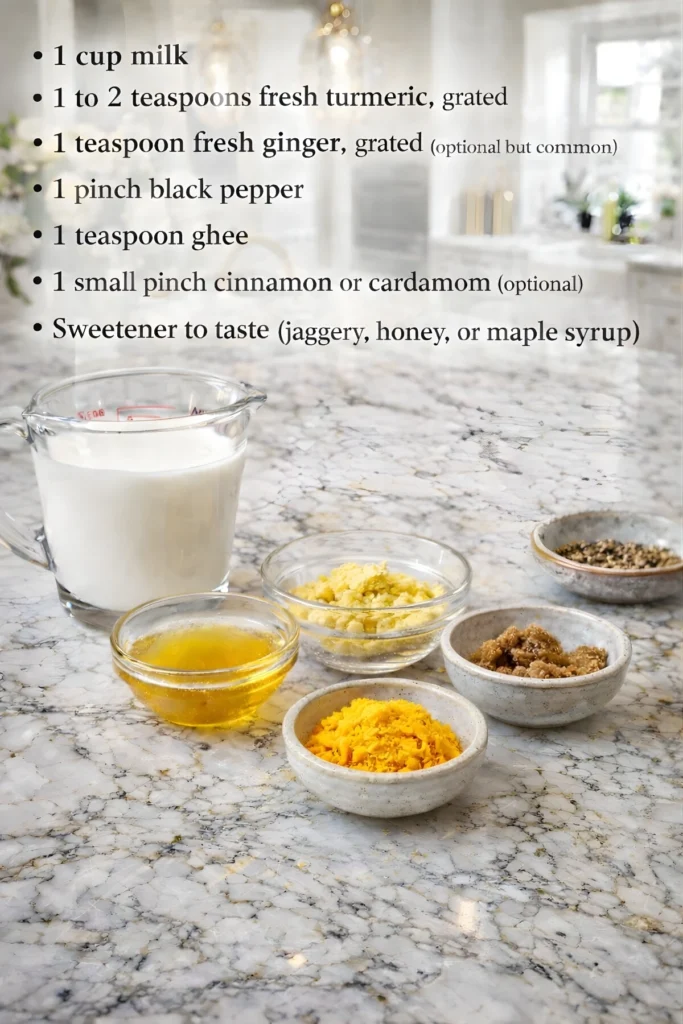 Golden Milk traditional ingredients with fresh turmeric and ginger, milk, ghee, black pepper, cinnamon or cardamom, and sweetener, with recipe text overlay