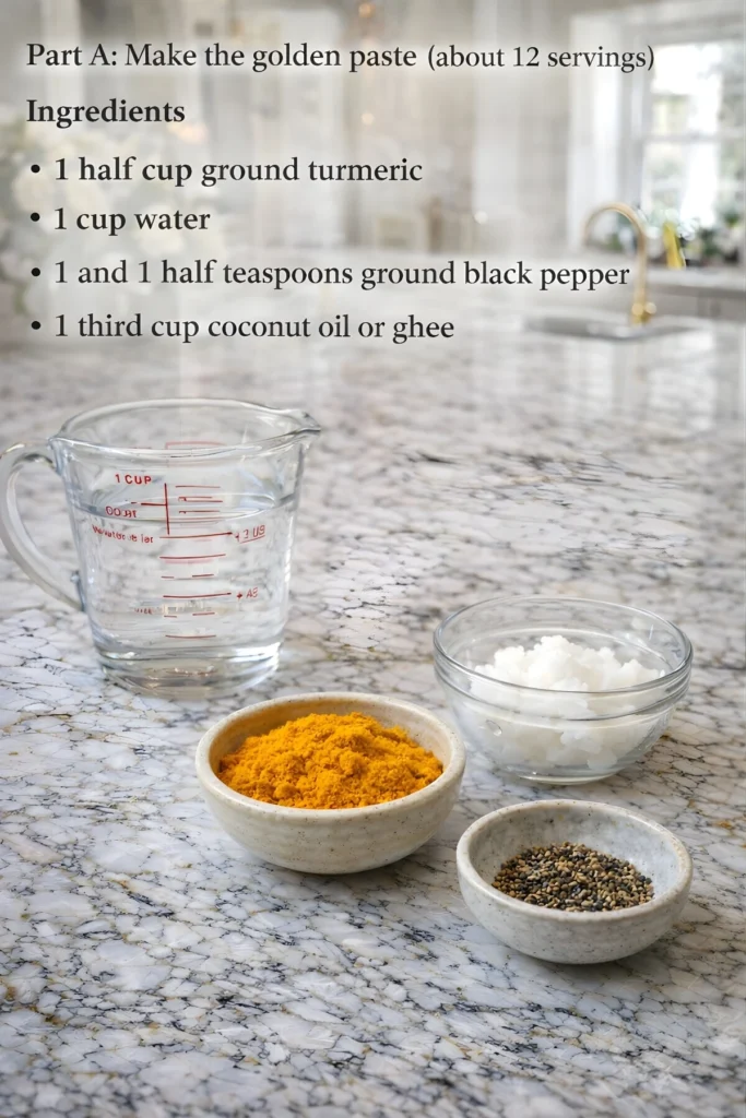 Golden Milk golden paste ingredients with turmeric, water, black pepper, and coconut oil or ghee on a marble counter with recipe text overlay
