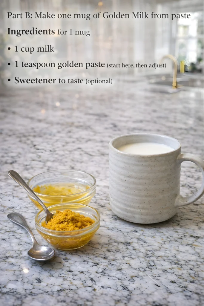 Golden Milk from golden paste ingredients with a mug of milk, turmeric paste, and sweetener on a marble counter, with recipe text overlay