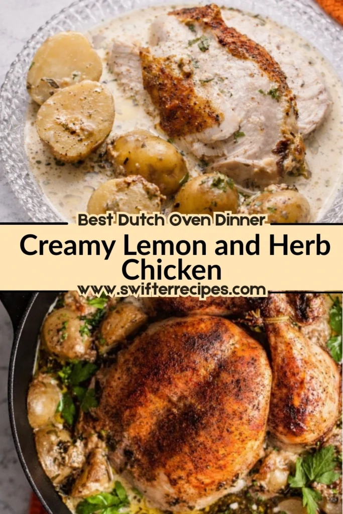 Creamy lemon and herb chicken shown in Dutch oven and on serving plate with baby potatoes and creamy herb sauce