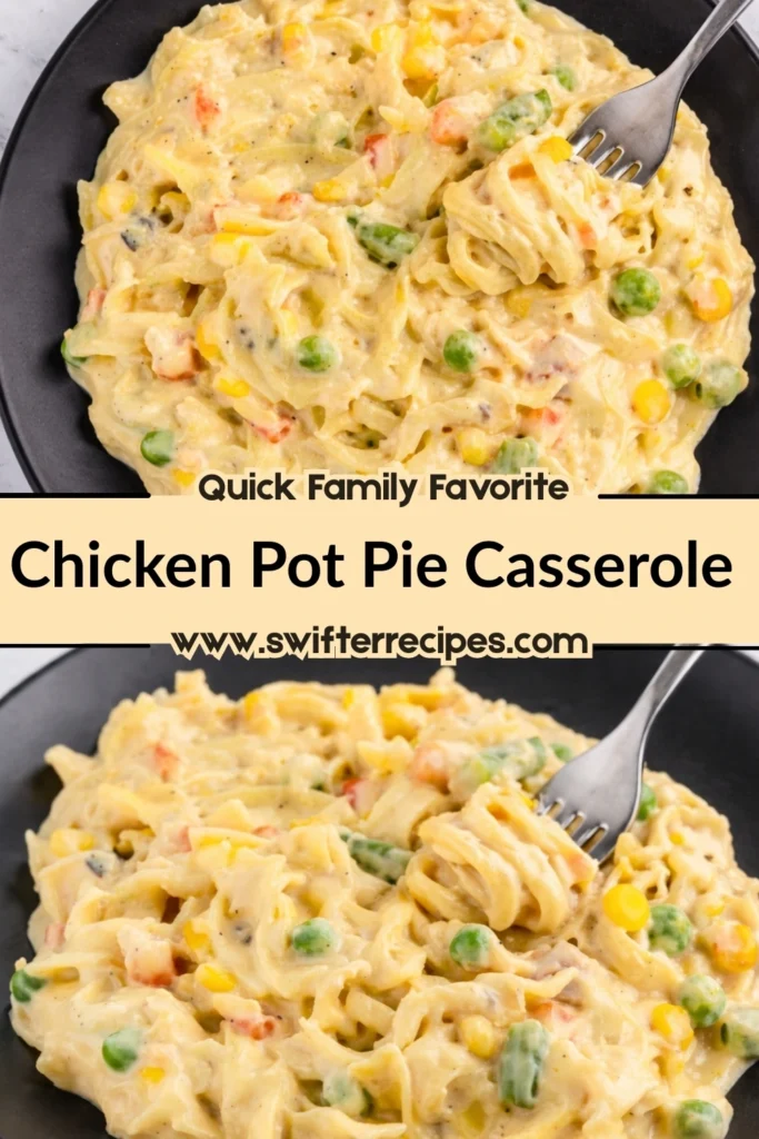 Chicken pot pie casserole with creamy noodles vegetables and fork