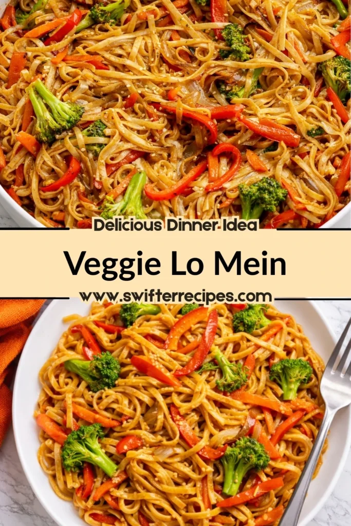 Veggie Lo Mein noodles with broccoli and bell peppers served in a skillet and white bowl
