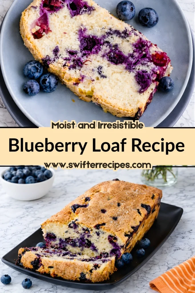 Moist blueberry loaf recipe with sliced piece and bold text overlay