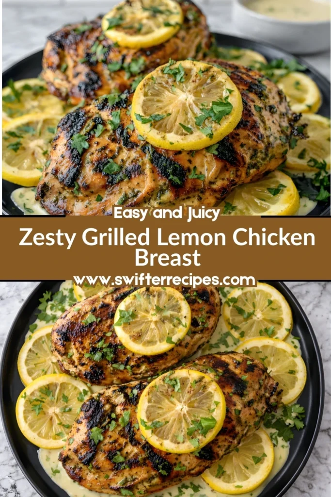 Zesty grilled lemon chicken breasts topped with lemon slices and parsley, served in creamy sauce with bold title overlay and website URL