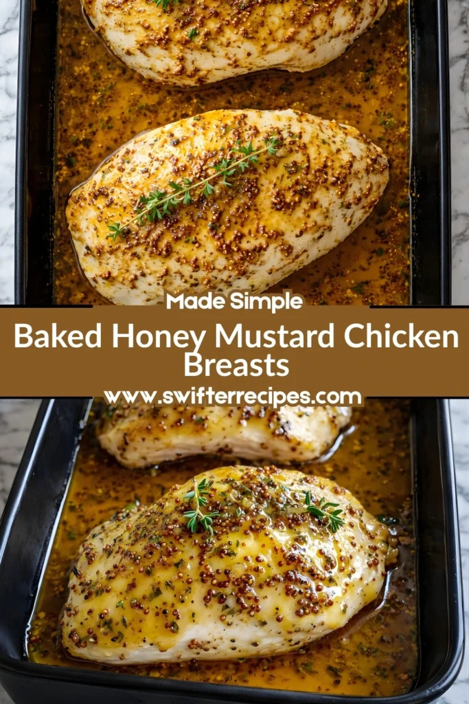 Baked honey mustard chicken breasts in a black baking dish with golden mustard glaze and fresh thyme, labeled Made Simple from swifterrecipes.com