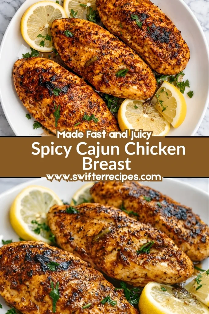 Spicy Cajun chicken breasts with lemon slices on a white plate, labeled “Made Fast and Juicy” from swifterrecipes.com