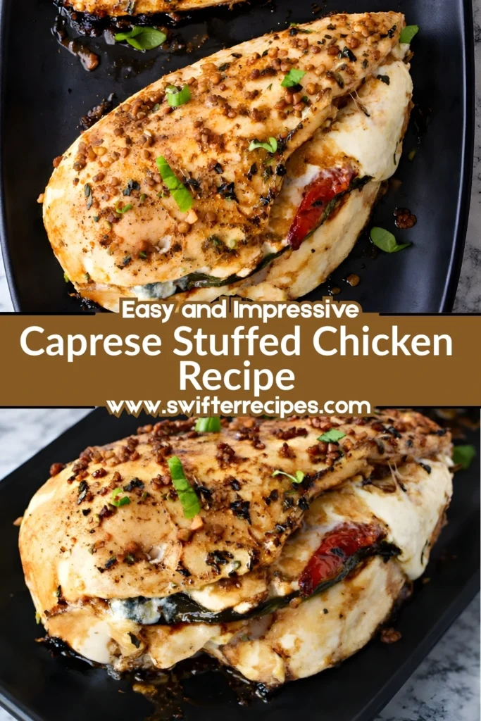 Caprese stuffed chicken breast on a black plate with melted mozzarella, basil, and sun dried tomatoes, overlaid with text promoting an easy recipe