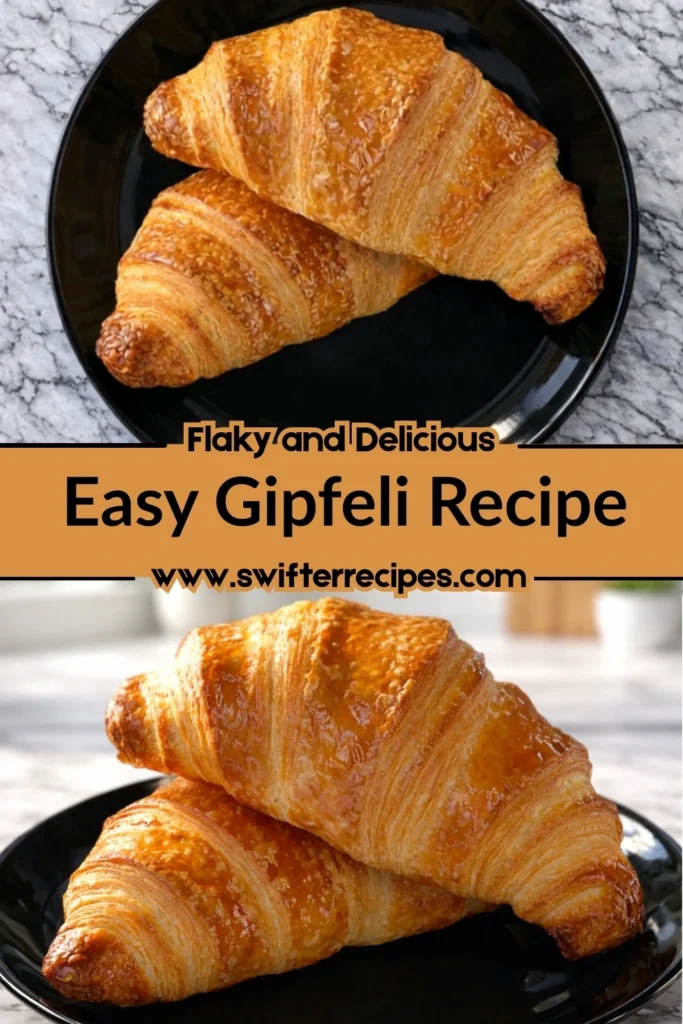 Two golden Gipfeli croissants with a glossy, flaky crust, sitting on a black plate atop a marble countertop, with a banner text 'Flaky and Delicious Easy Gipfeli Recipe' and website URL.